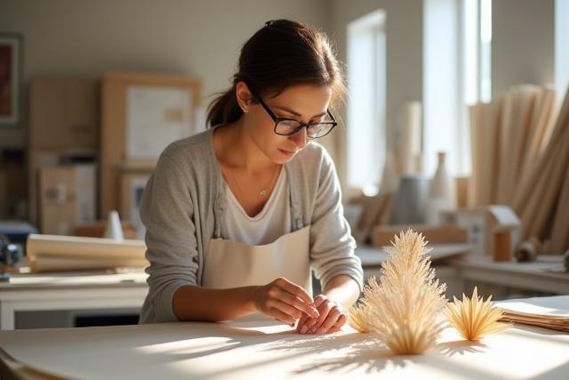 Photo de la fondatrice de Pic Papier travaillant minutieusement sur une œuvre d'art en papier dans un atelier lumineux.
